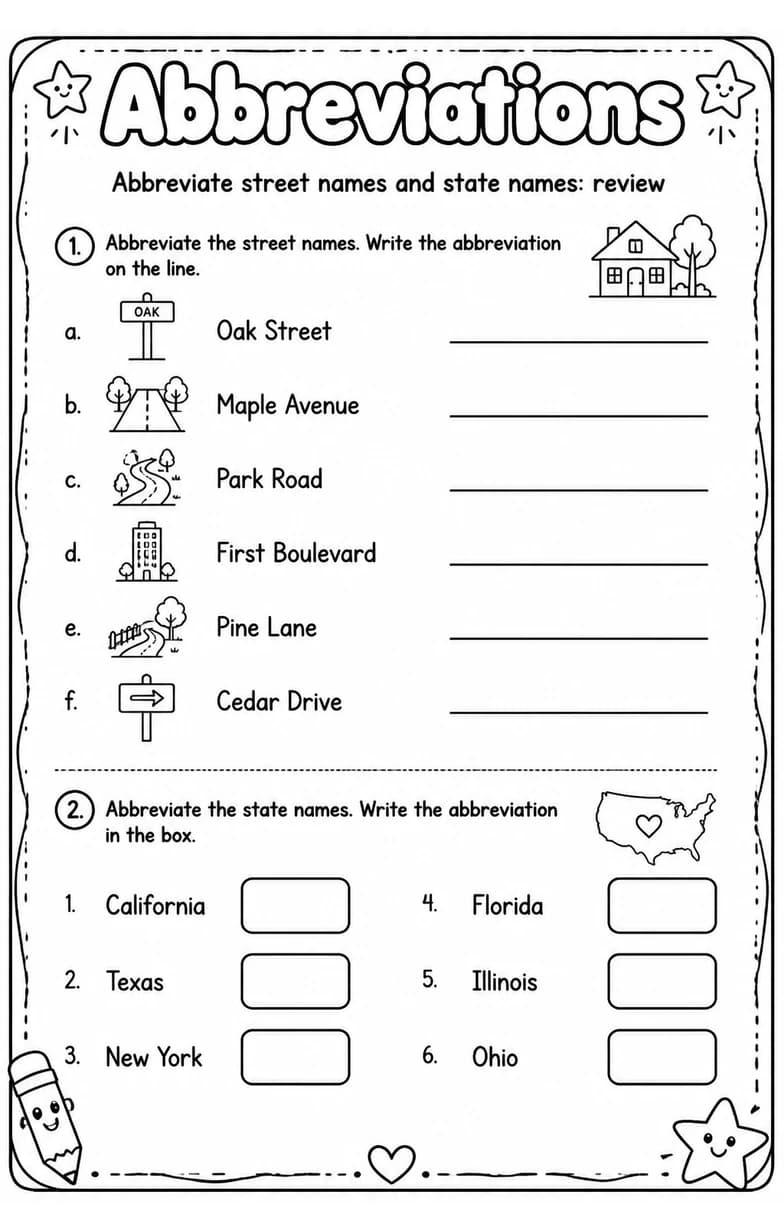 Abbreviate street names and state names: review — free printable Grade 4 English & Reading worksheet