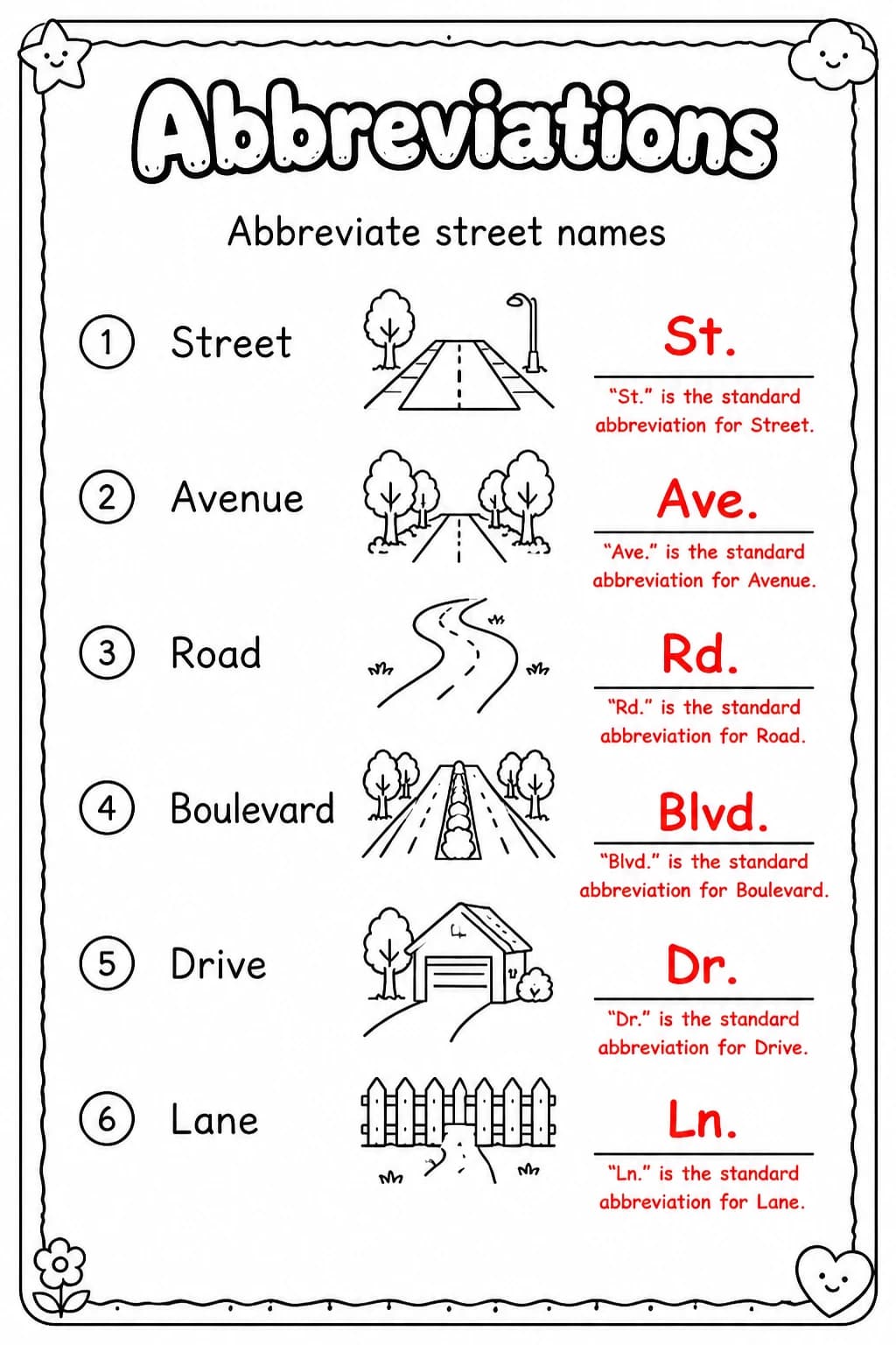 Answer key for Abbreviate street names — free printable English & Reading worksheet