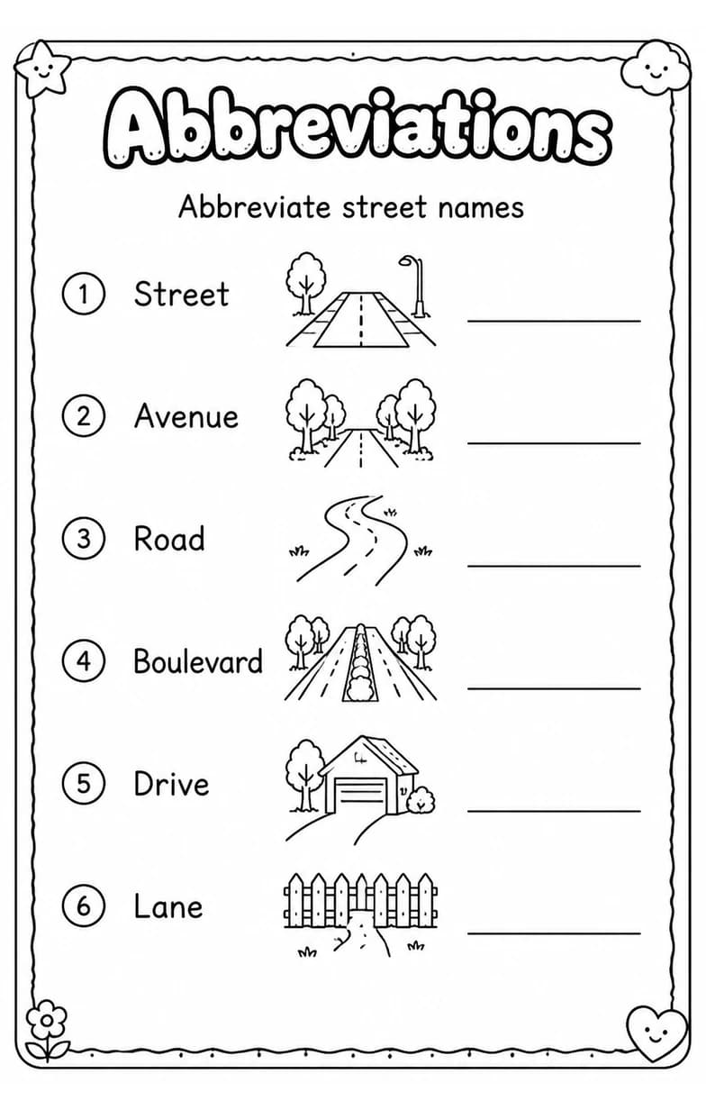 Abbreviate street names — free printable Grade 3 English & Reading worksheet
