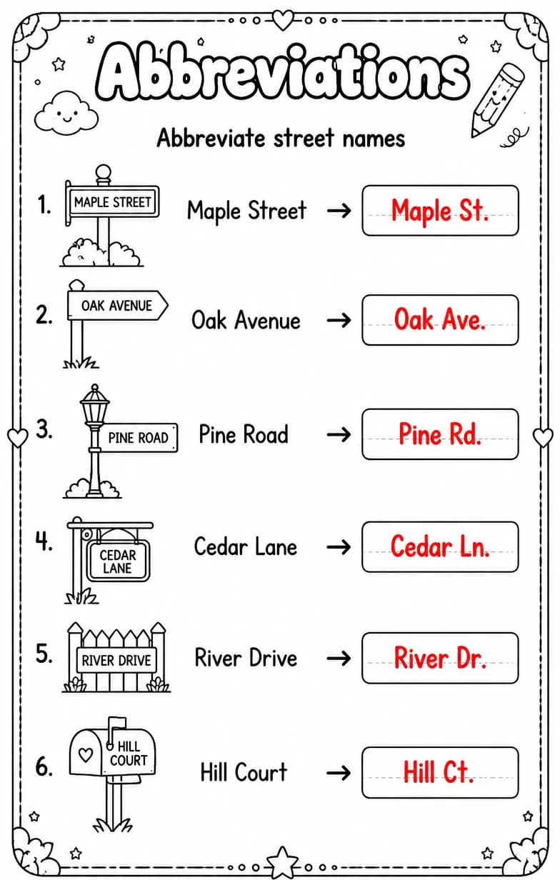 Answer key for Abbreviate street names — free printable English & Reading worksheet