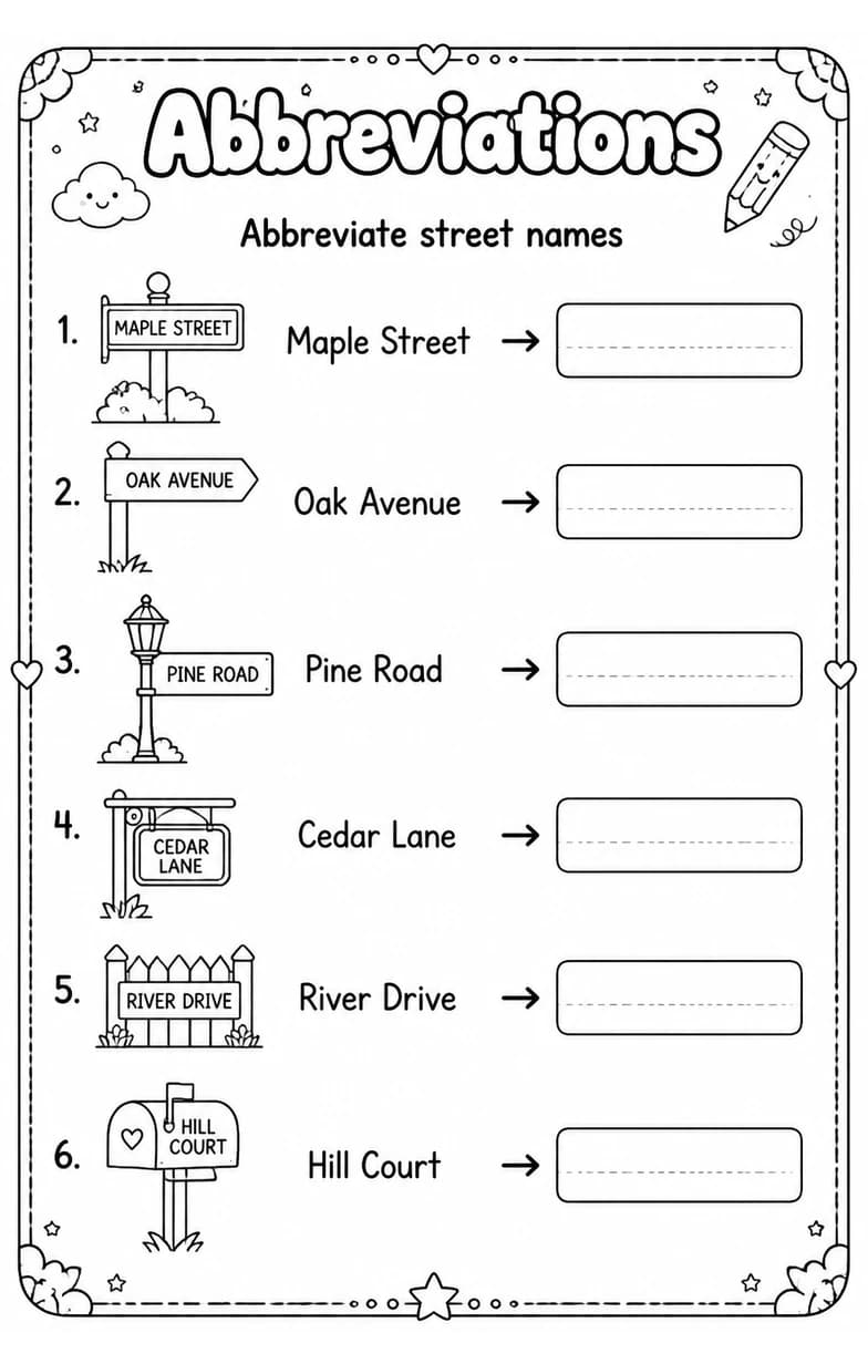 Abbreviate street names — free printable Grade 4 English & Reading worksheet