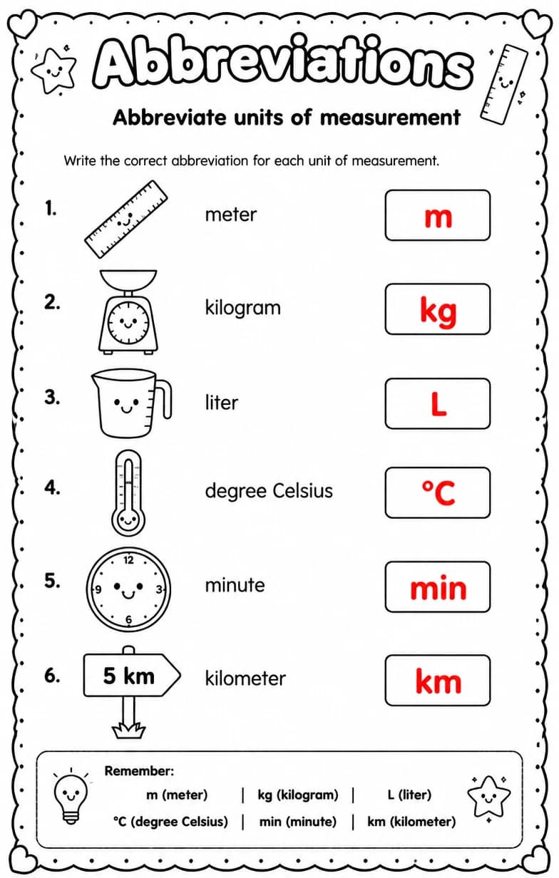 Answer key for Abbreviate units of measurement — free printable English & Reading worksheet