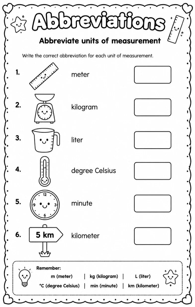 Abbreviate units of measurement — free printable Grade 5 English & Reading worksheet