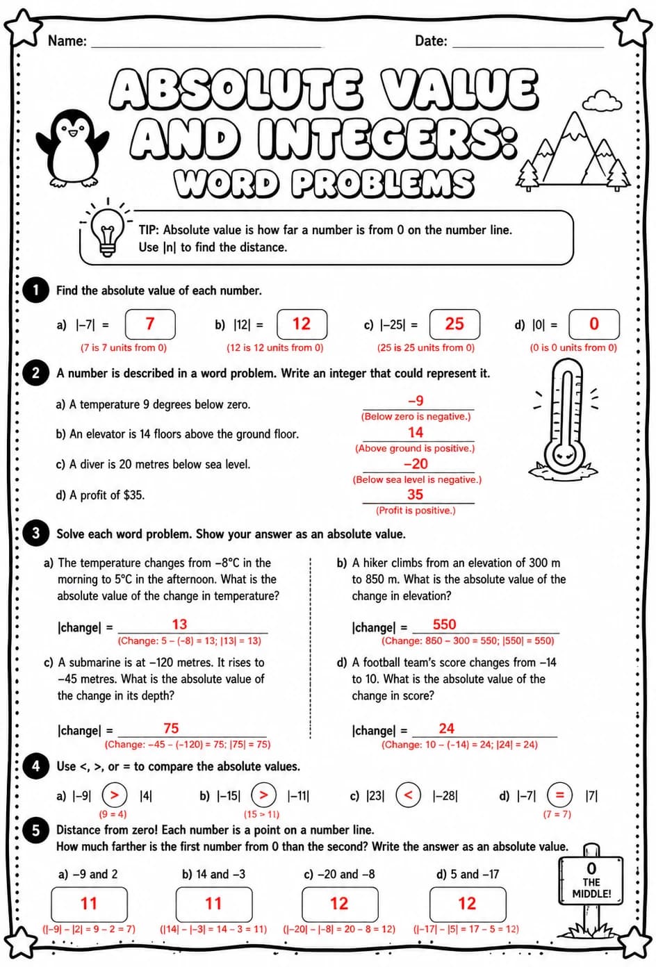 Answer key for Absolute value and integers: word problems — free printable Math worksheet