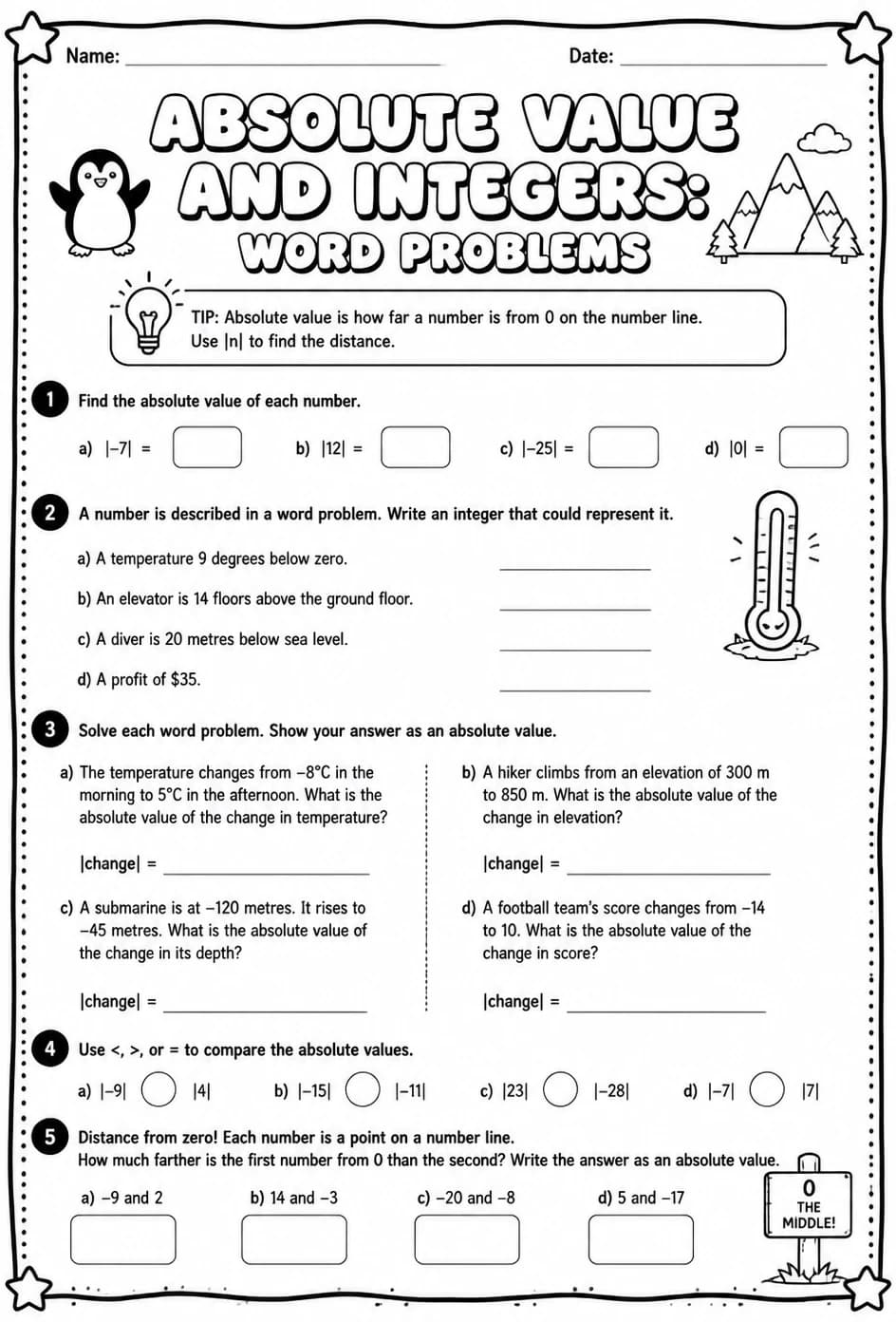 Absolute value and integers: word problems — free printable Grade 6 math worksheet