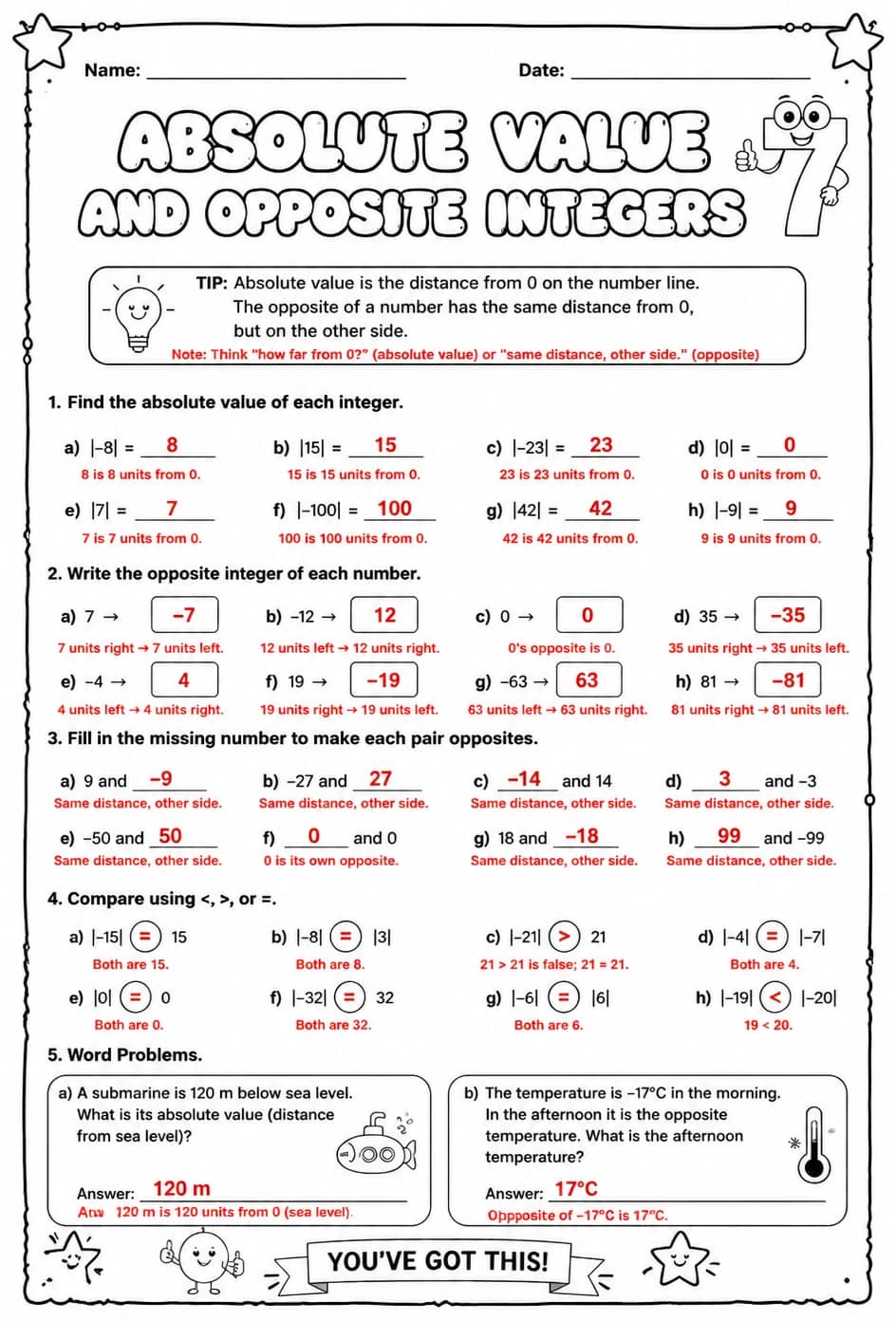 Answer key for Absolute value and opposite integers — free printable Math worksheet