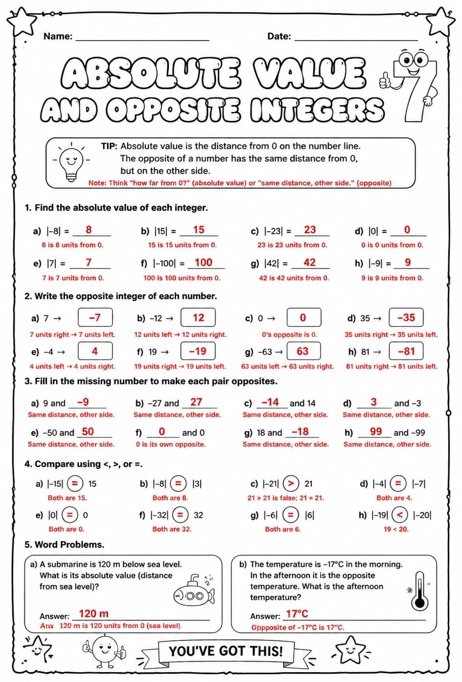 Answer key for Absolute value and opposite integers — free printable Math worksheet