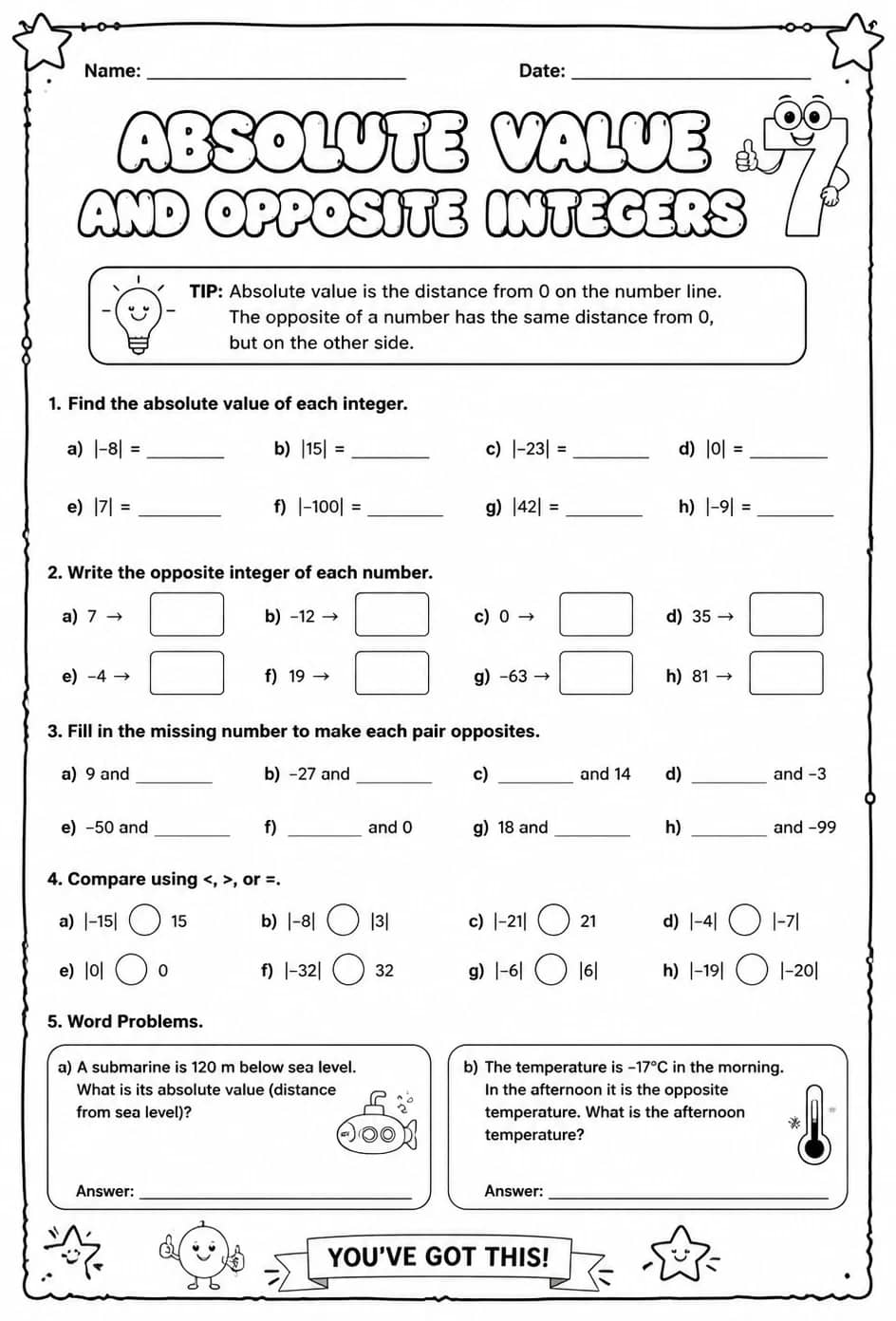 Absolute value and opposite integers — free printable Grade 7 math worksheet