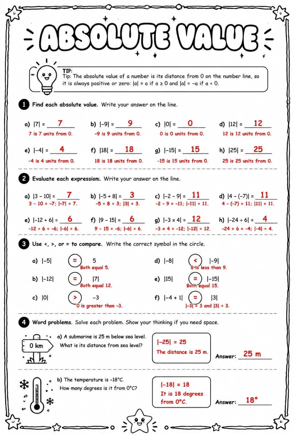 Answer key for Absolute value — free printable Math worksheet