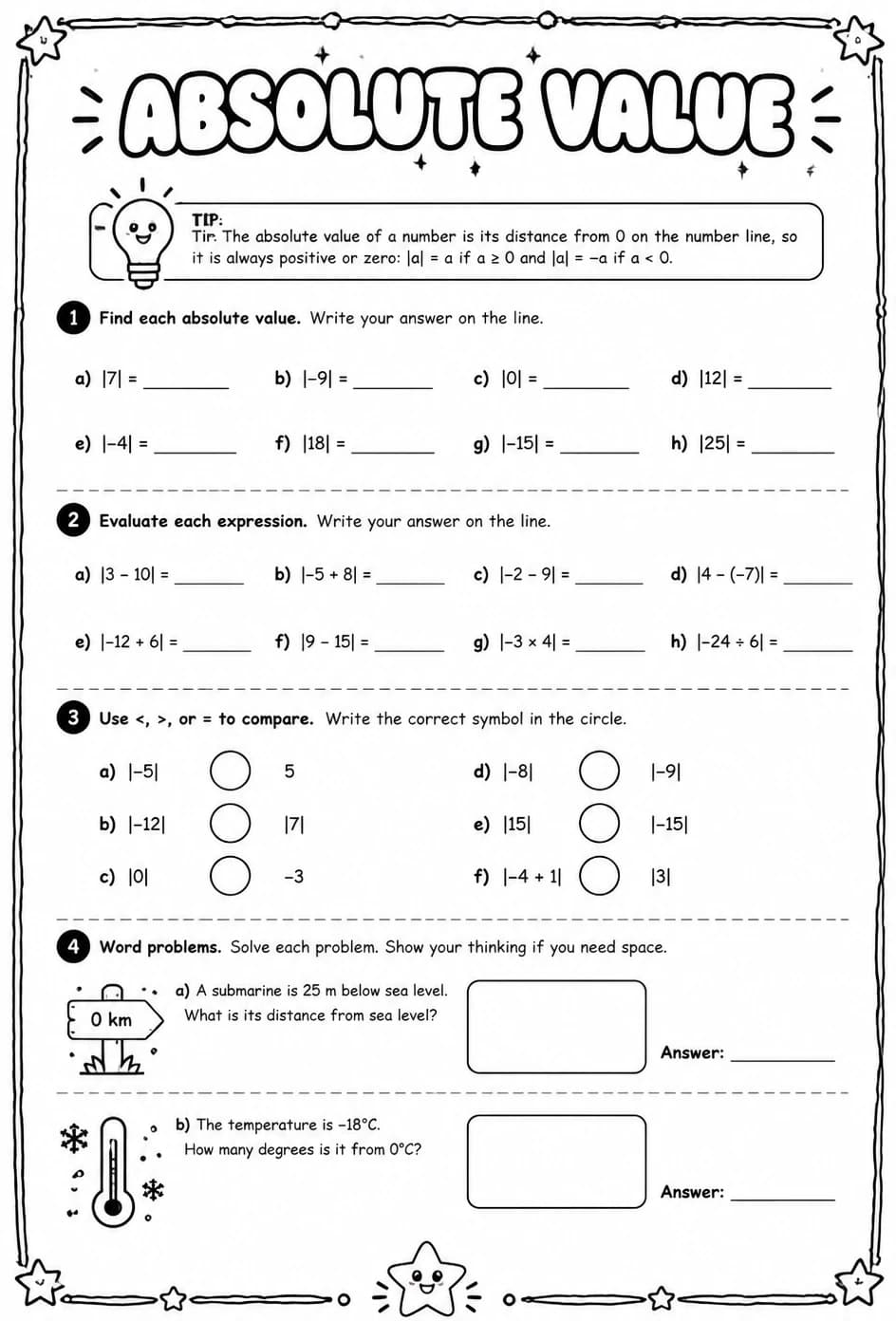 Absolute value — free printable Grade 6 math worksheet