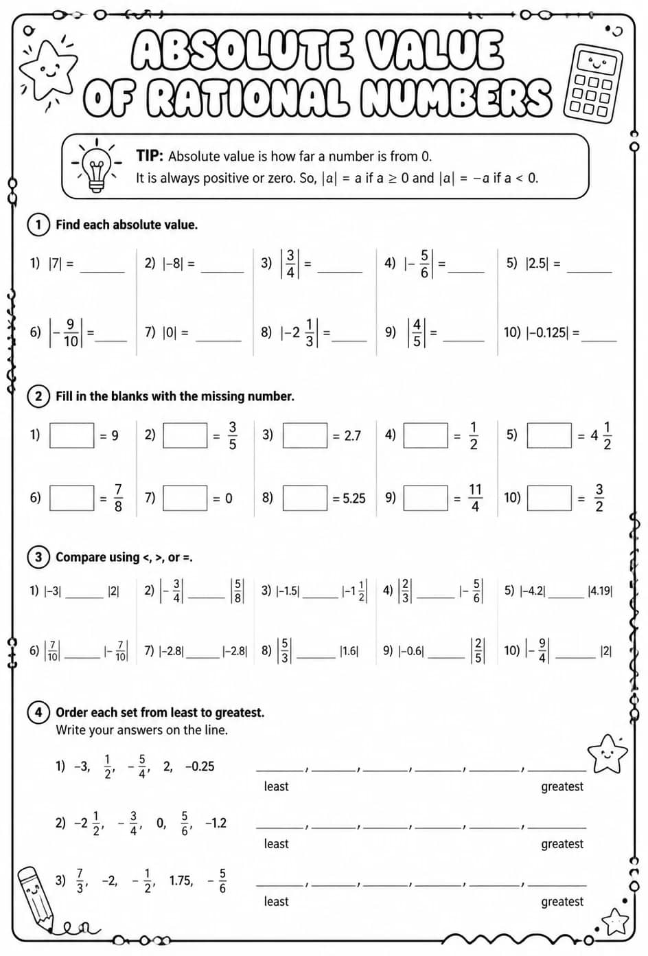 Absolute value of rational numbers — free printable Grade 6 math worksheet