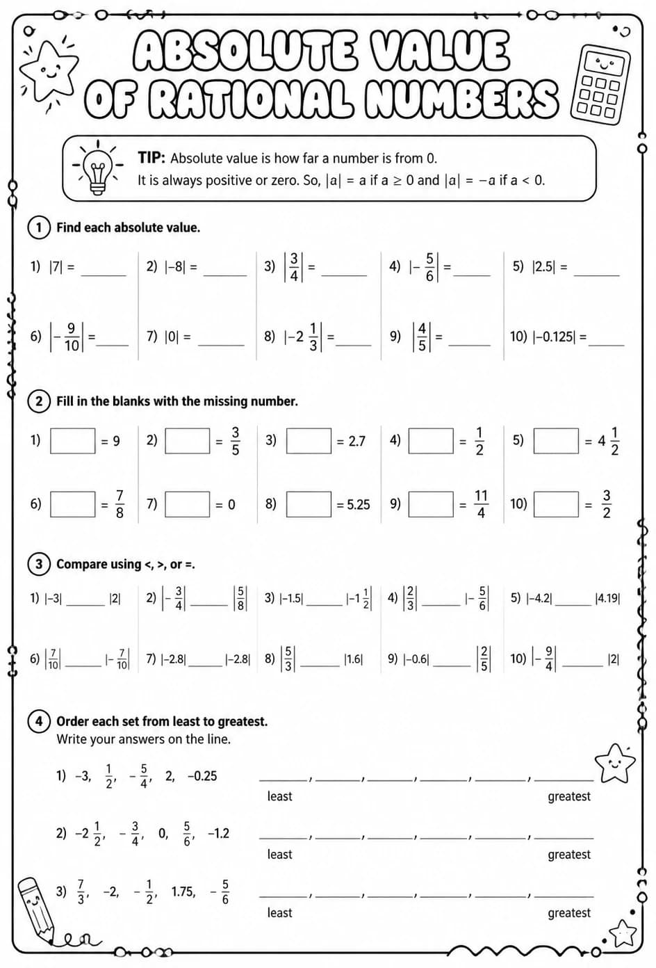 Absolute value of rational numbers — free printable Middle School Math worksheet