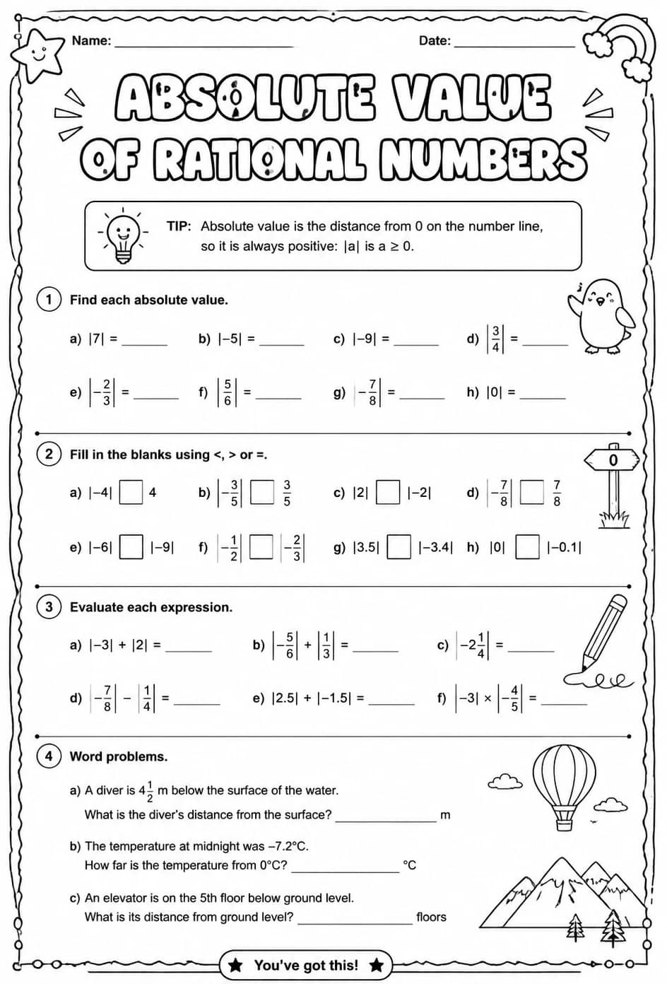 Absolute value of rational numbers — free printable Grade 7 math worksheet
