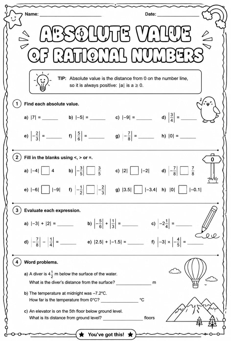 Absolute value of rational numbers — free printable Grade 7 math worksheet