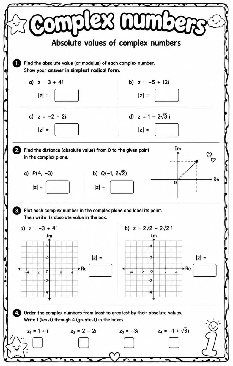 Absolute values of complex numbers — free printable Algebra 2 math worksheet