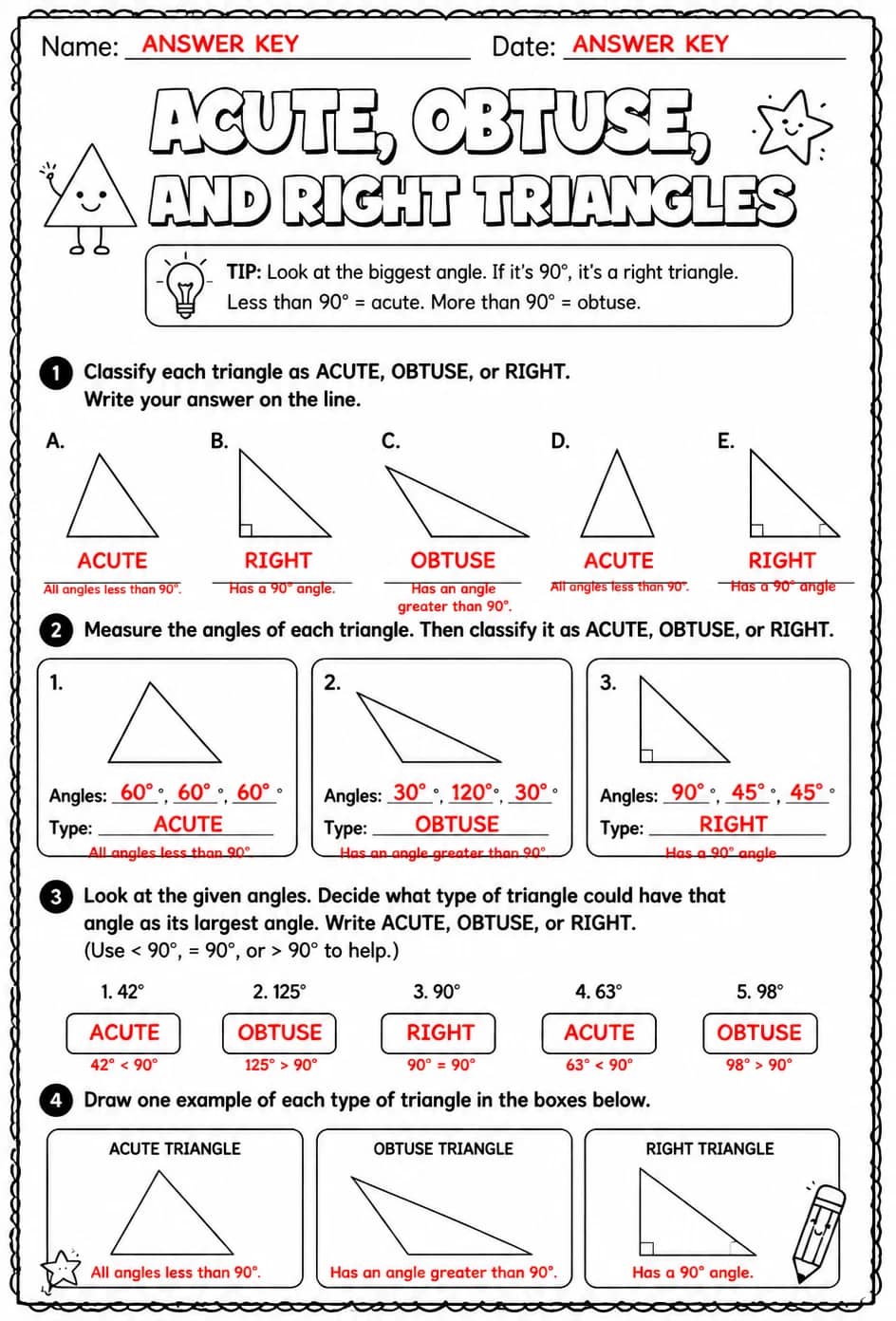 Answer key for Acute, obtuse, and right triangles — free printable Math worksheet