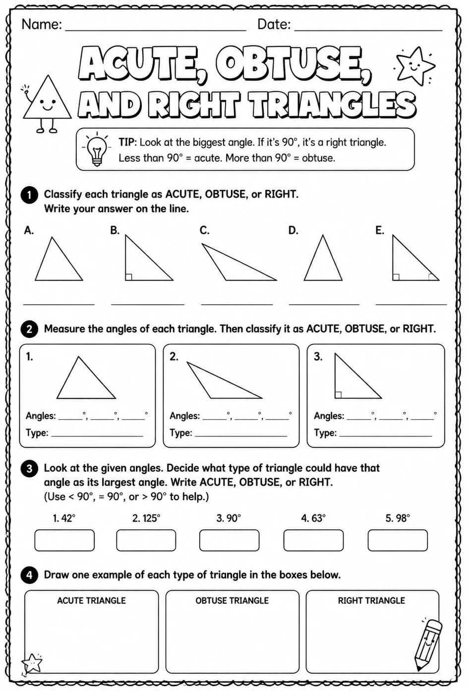 Acute, obtuse, and right triangles — free printable Grade 4 math worksheet