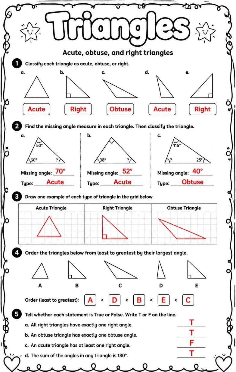 Answer key for Acute, obtuse, and right triangles — free printable Math worksheet