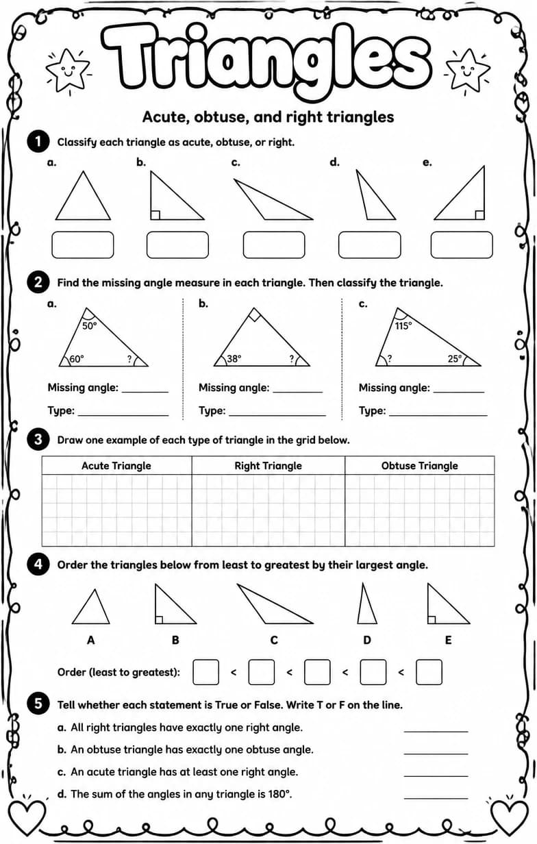 Acute, obtuse, and right triangles — free printable Grade 5 Math worksheet