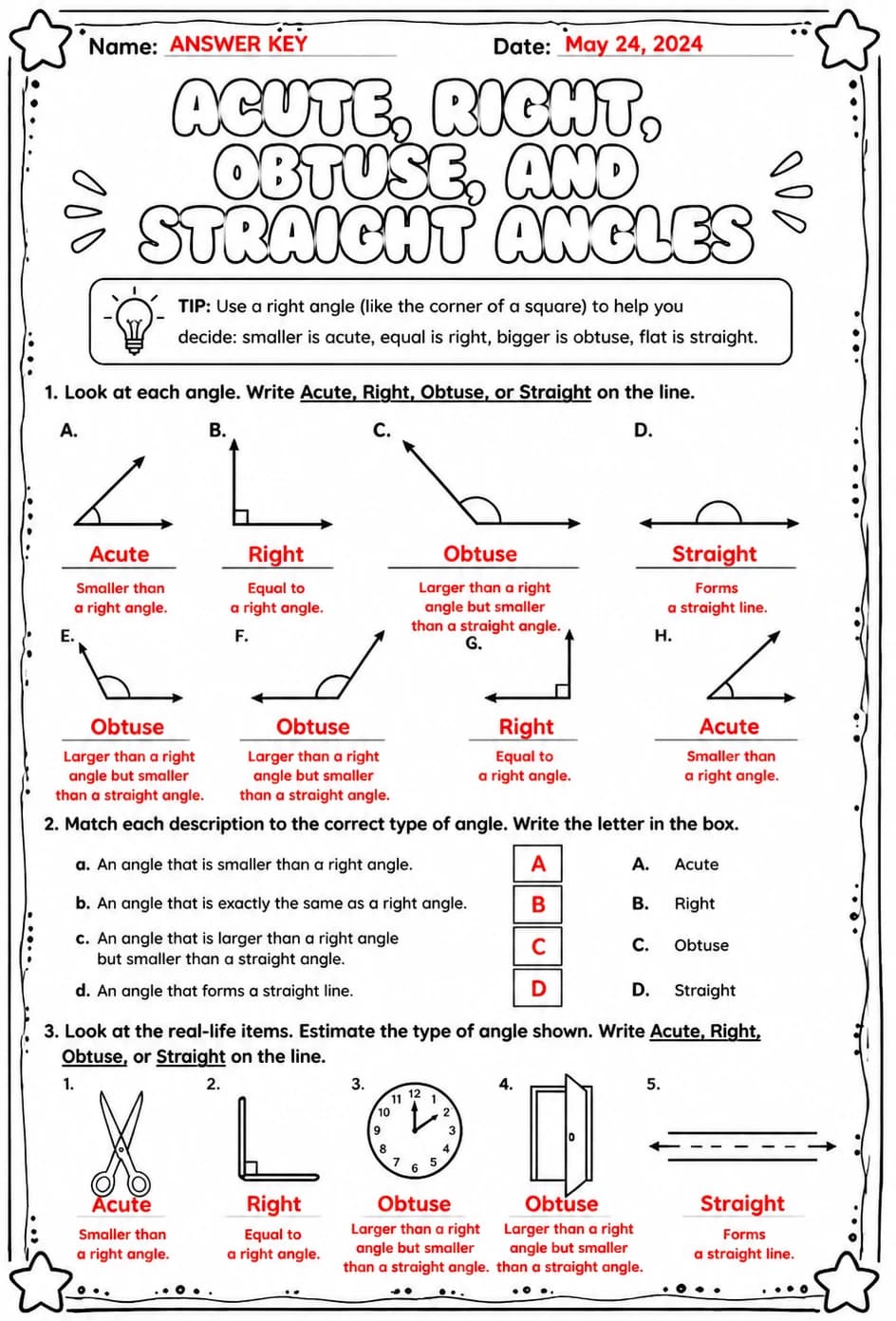 Answer key for Acute, right, obtuse, and straight angles — free printable Math worksheet
