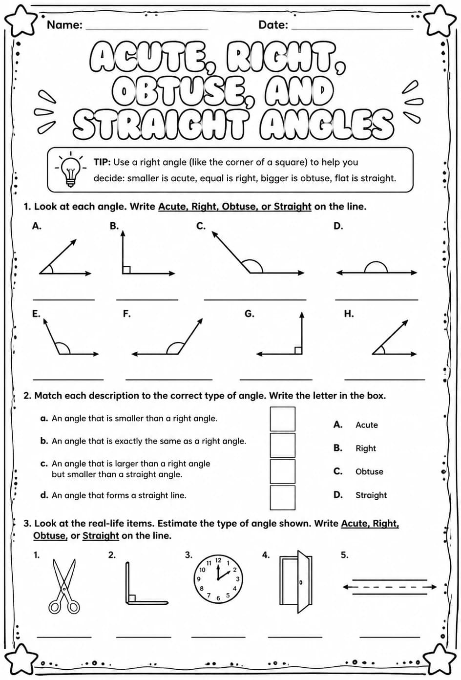 Acute, right, obtuse, and straight angles — free printable Grade 4 math worksheet