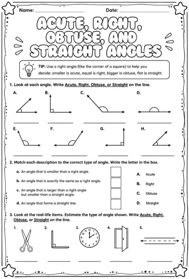 Acute, right, obtuse, and straight angles