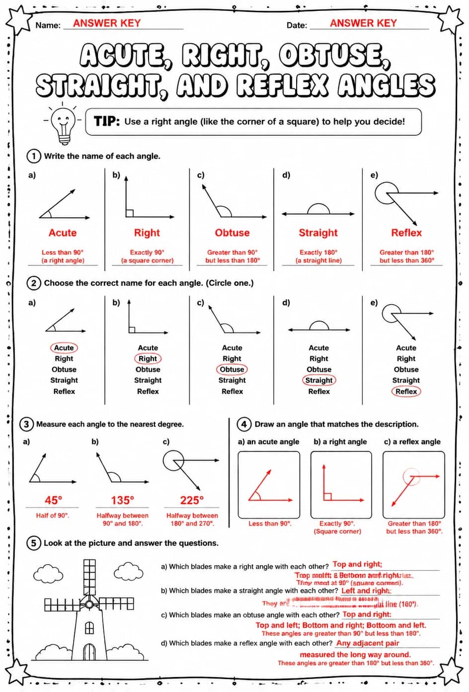 Answer key for Acute, right, obtuse, straight, and reflex angles — free printable Math worksheet