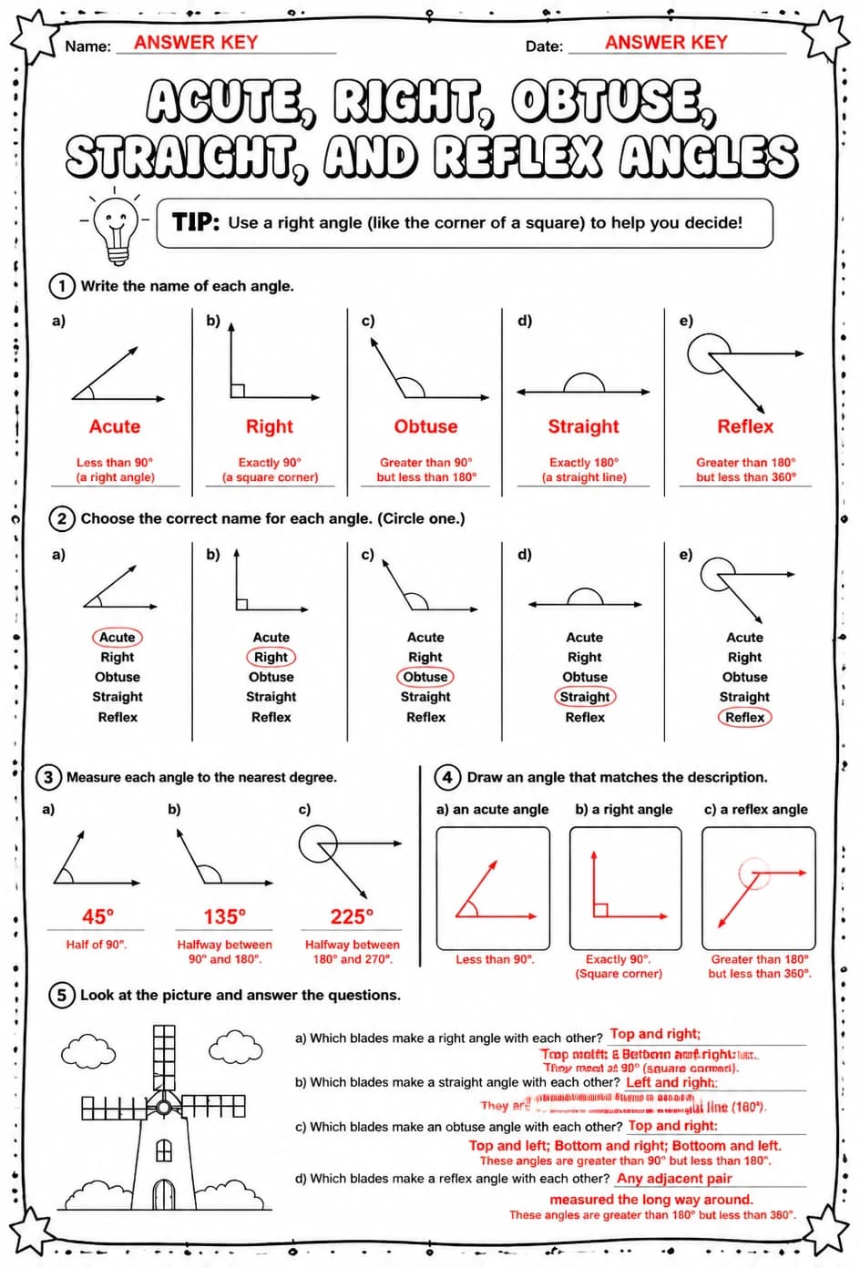 Answer key for Acute, right, obtuse, straight, and reflex angles — free printable Math worksheet