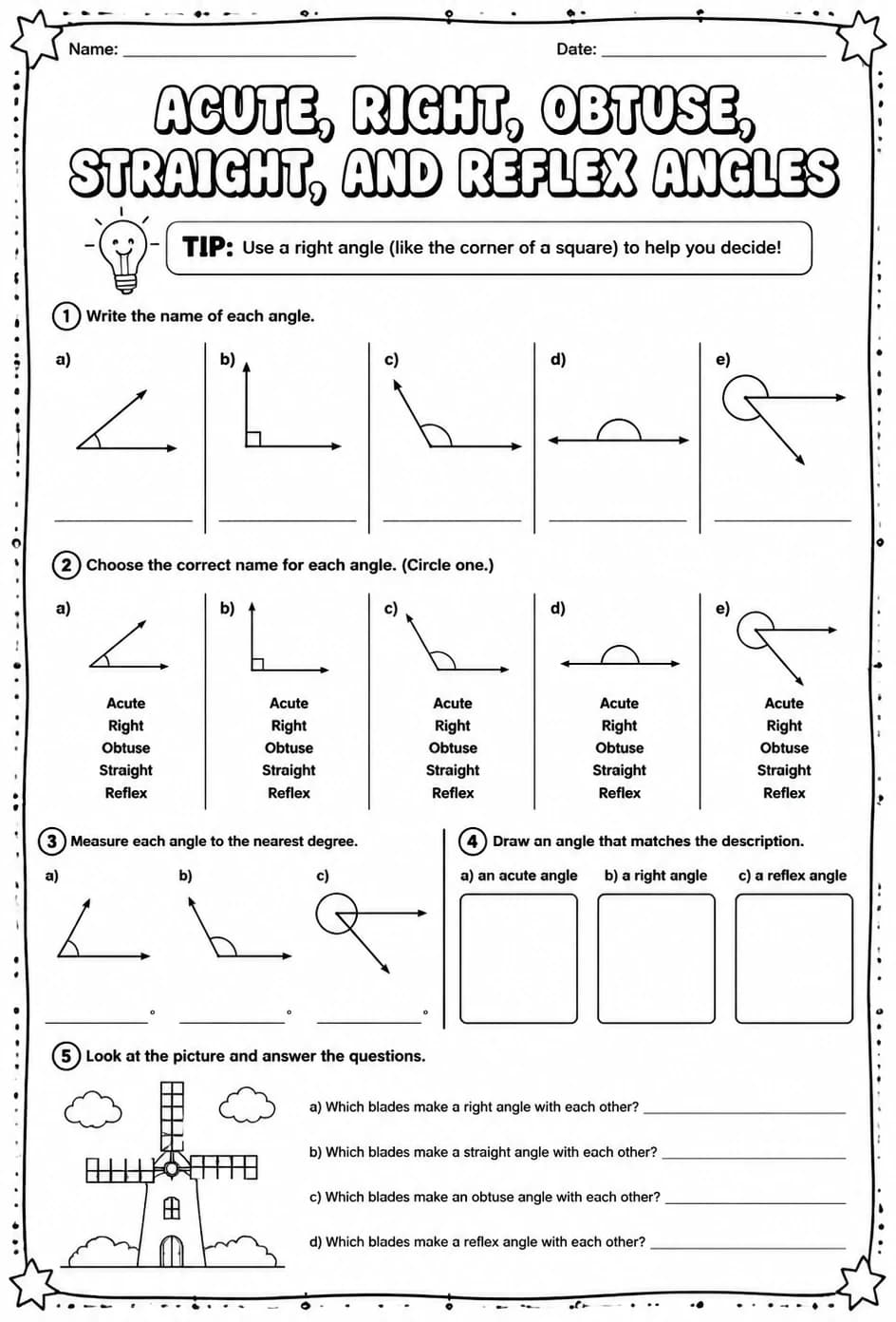 Acute, right, obtuse, straight, and reflex angles — free printable Grade 4 math worksheet