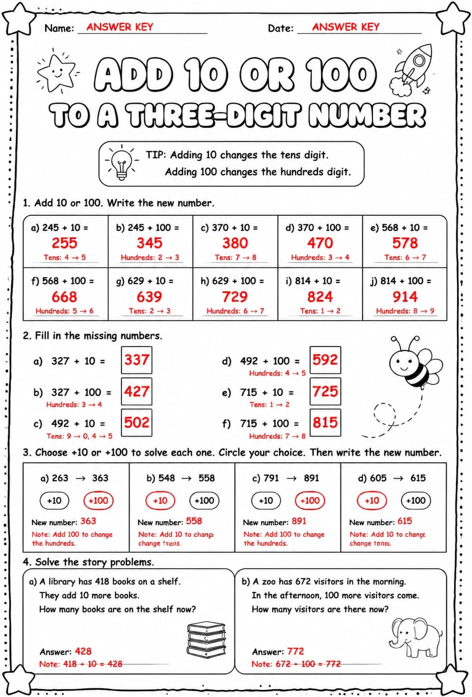 Answer key for Add 10 or 100 to a three-digit number — free printable Math worksheet