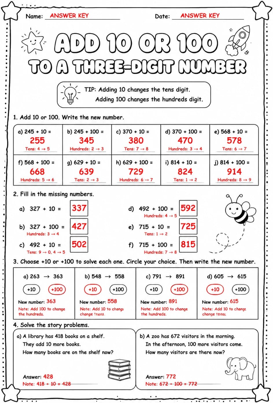 Answer key for Add 10 or 100 to a three-digit number — free printable Math worksheet