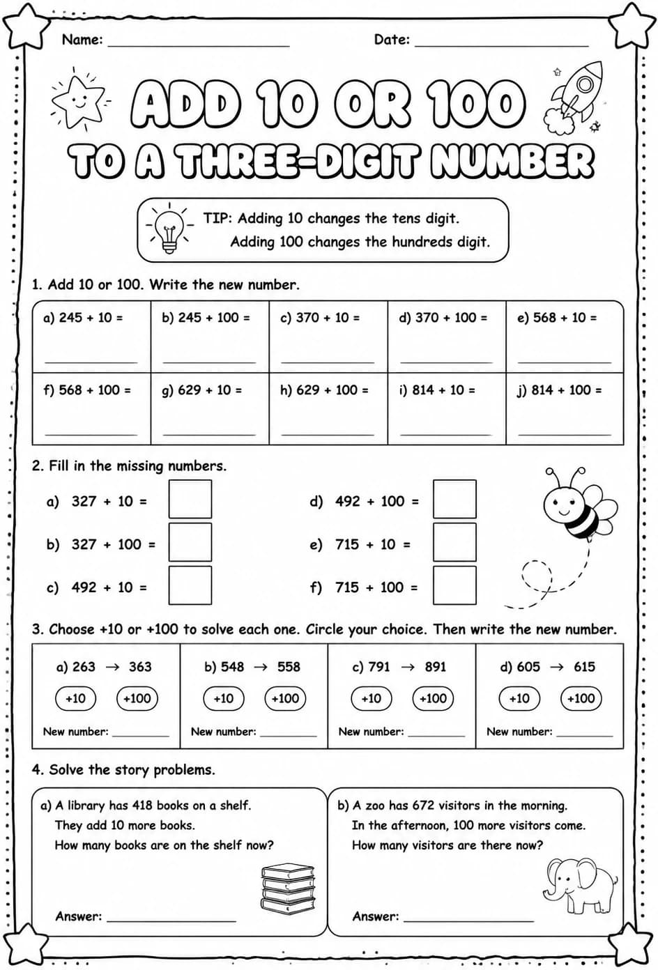 Add 10 or 100 to a three-digit number — free printable Grade 2 math worksheet