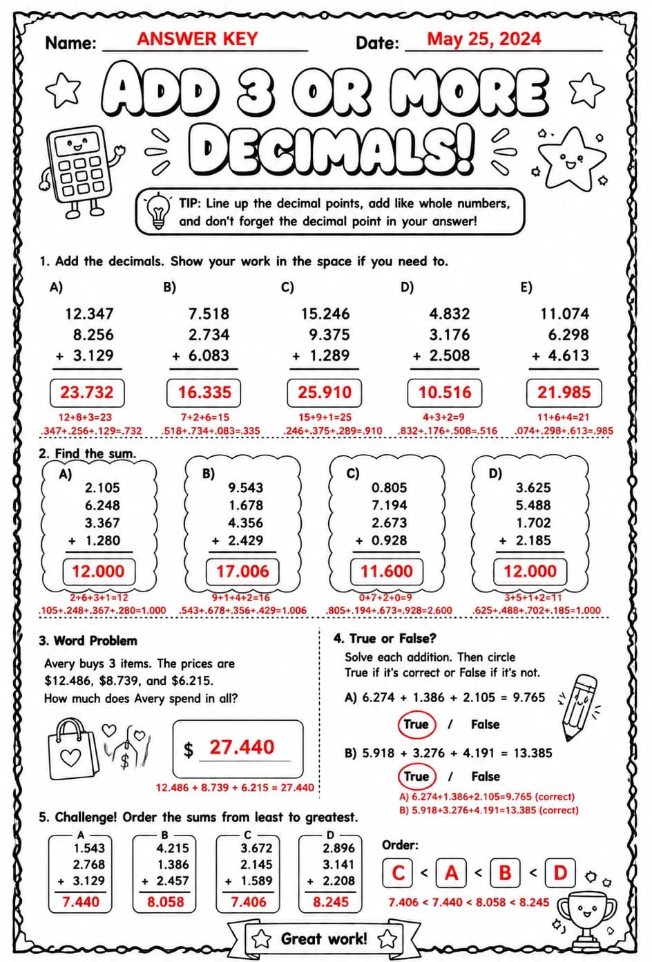 Answer key for Add 3 or more decimals — free printable Math worksheet