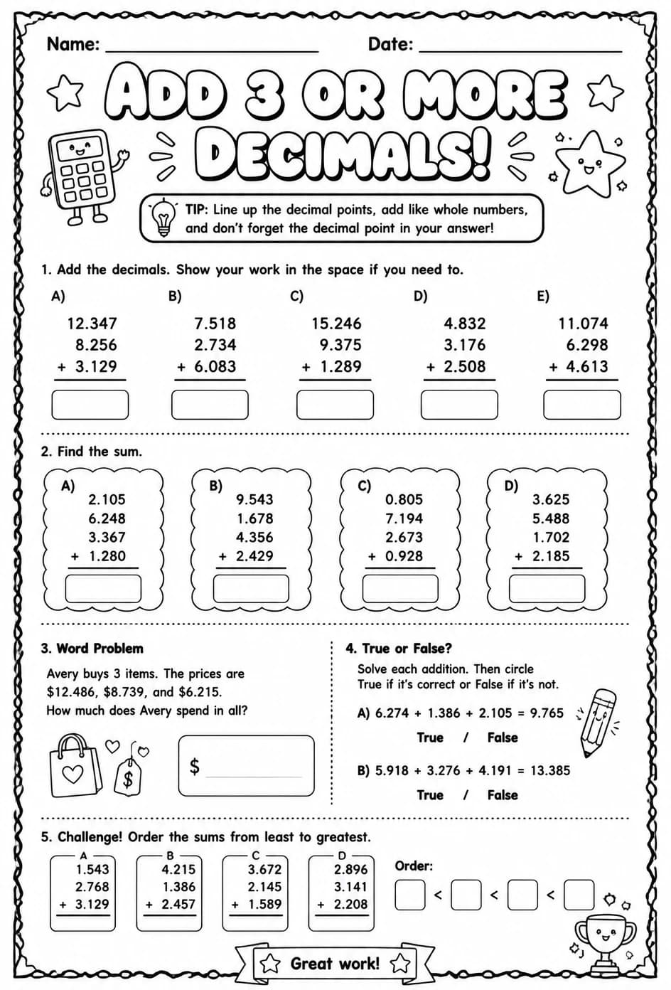 Add 3 or more decimals — free printable Grade 4 math worksheet