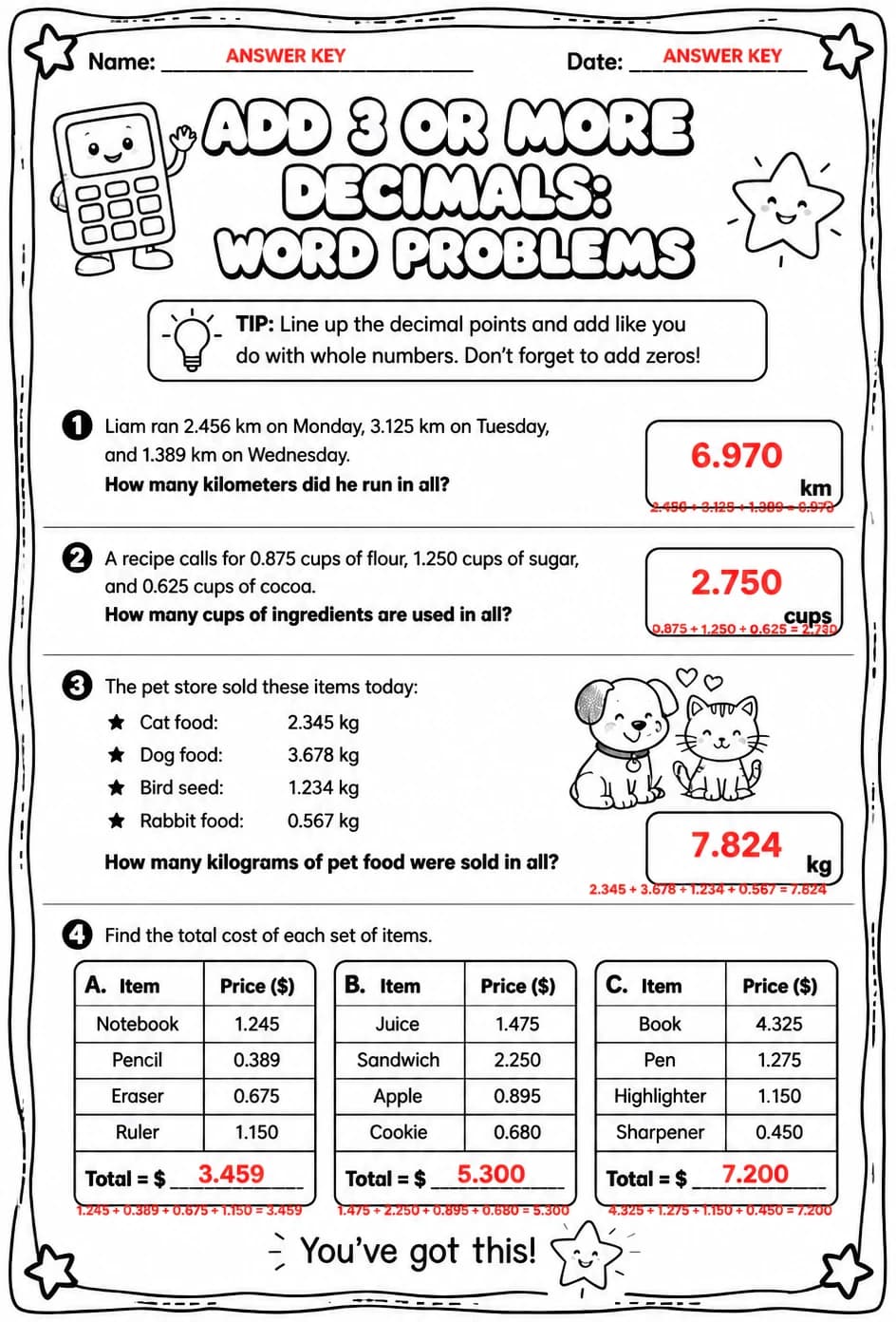 Answer key for Add 3 or more decimals: word problems — free printable Math worksheet