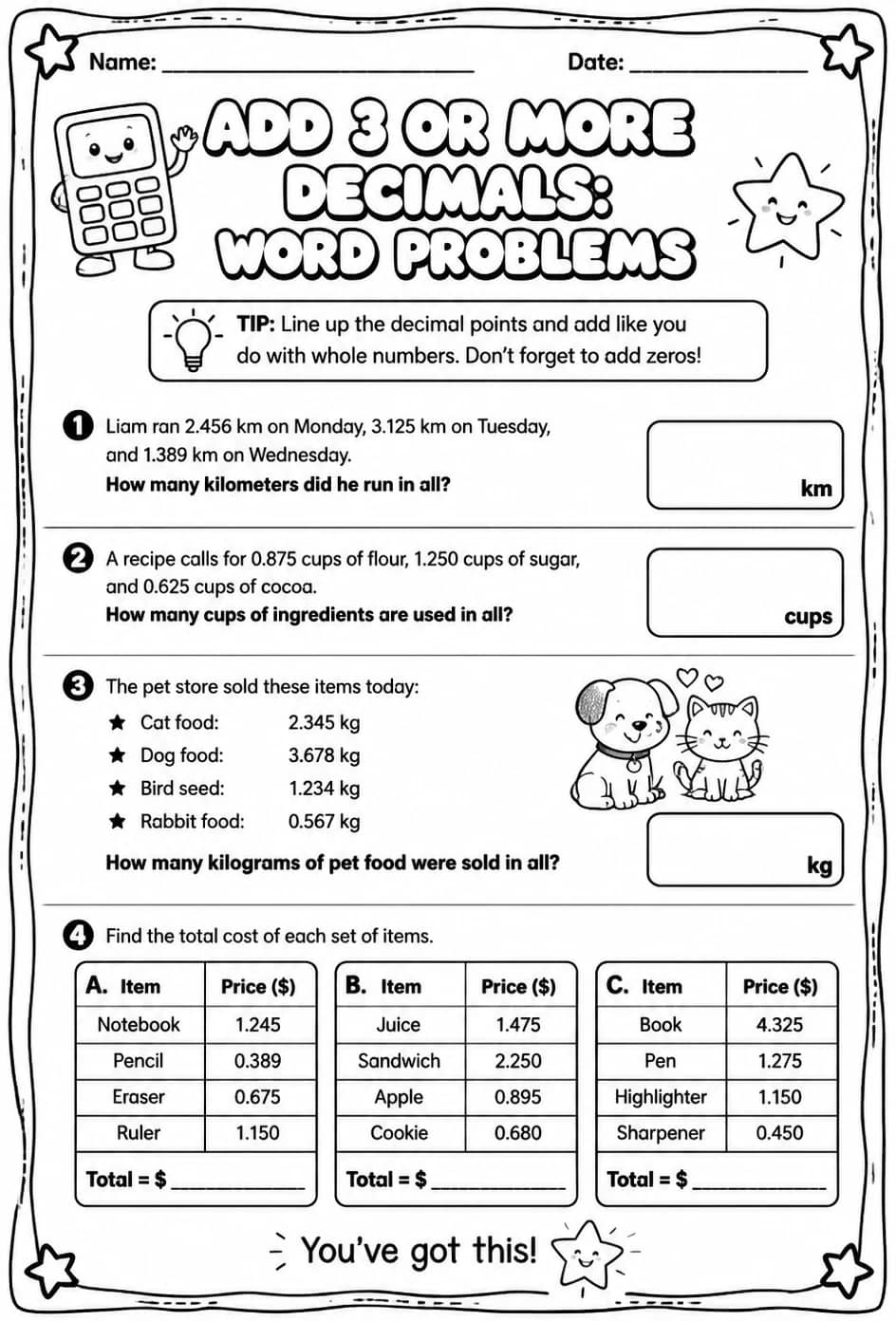 Add 3 or more decimals: word problems — free printable Grade 4 math worksheet