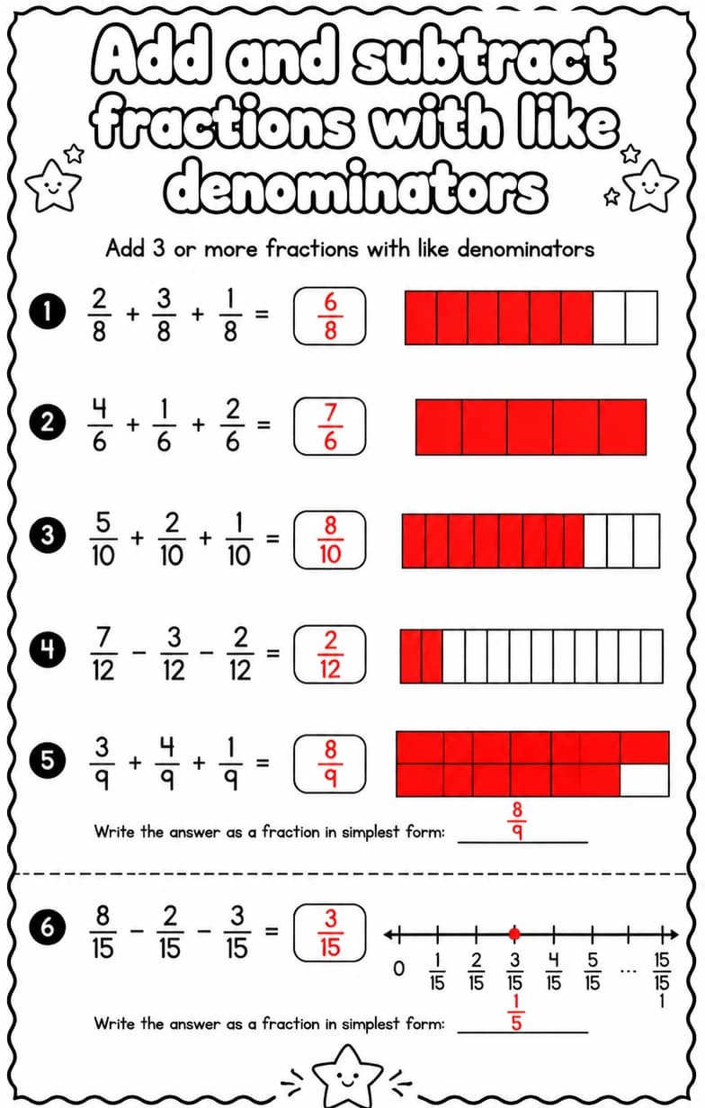 Answer key for Add 3 or more fractions with like denominators — free printable Math worksheet