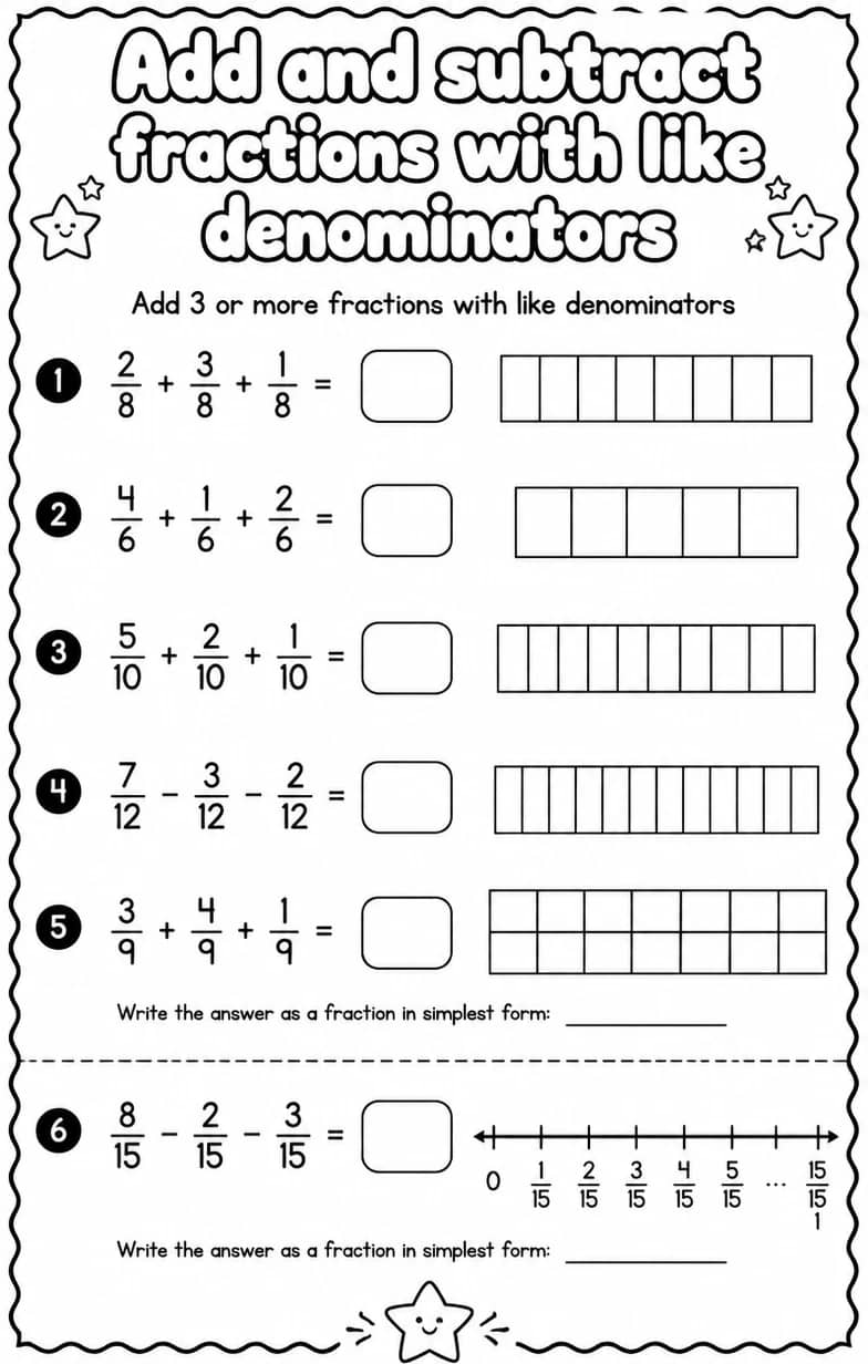 Add 3 or more fractions with like denominators — free printable Grade 4 math worksheet