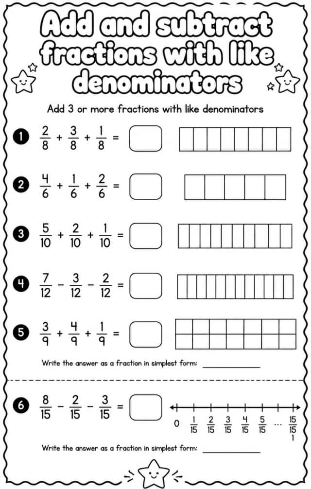 Add 3 or more fractions with like denominators