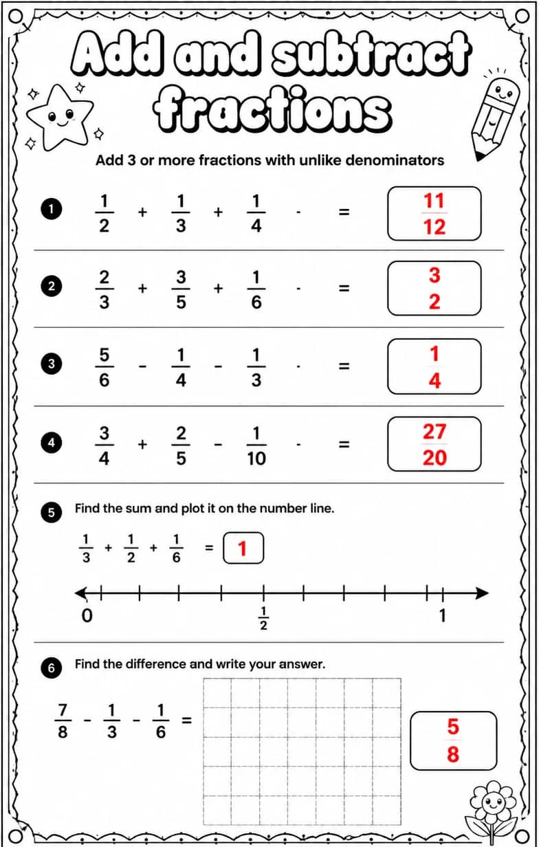 Answer key for Add 3 or more fractions with unlike denominators — free printable Math worksheet