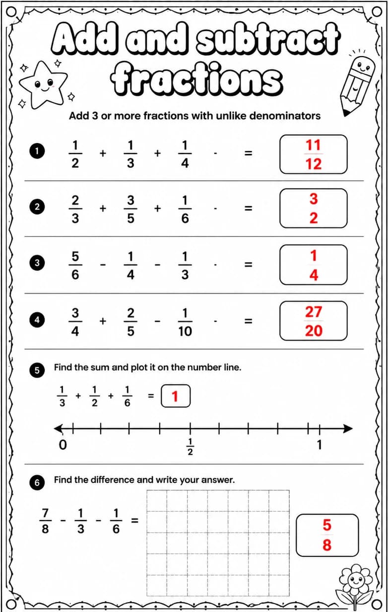 Answer key for Add 3 or more fractions with unlike denominators — free printable Math worksheet