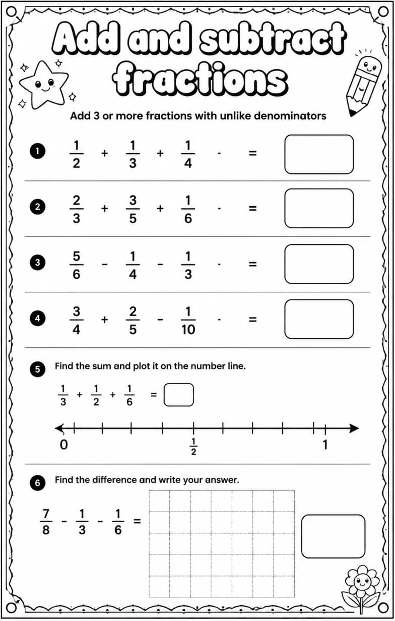 Add 3 or more fractions with unlike denominators — free printable Grade 5 Math worksheet