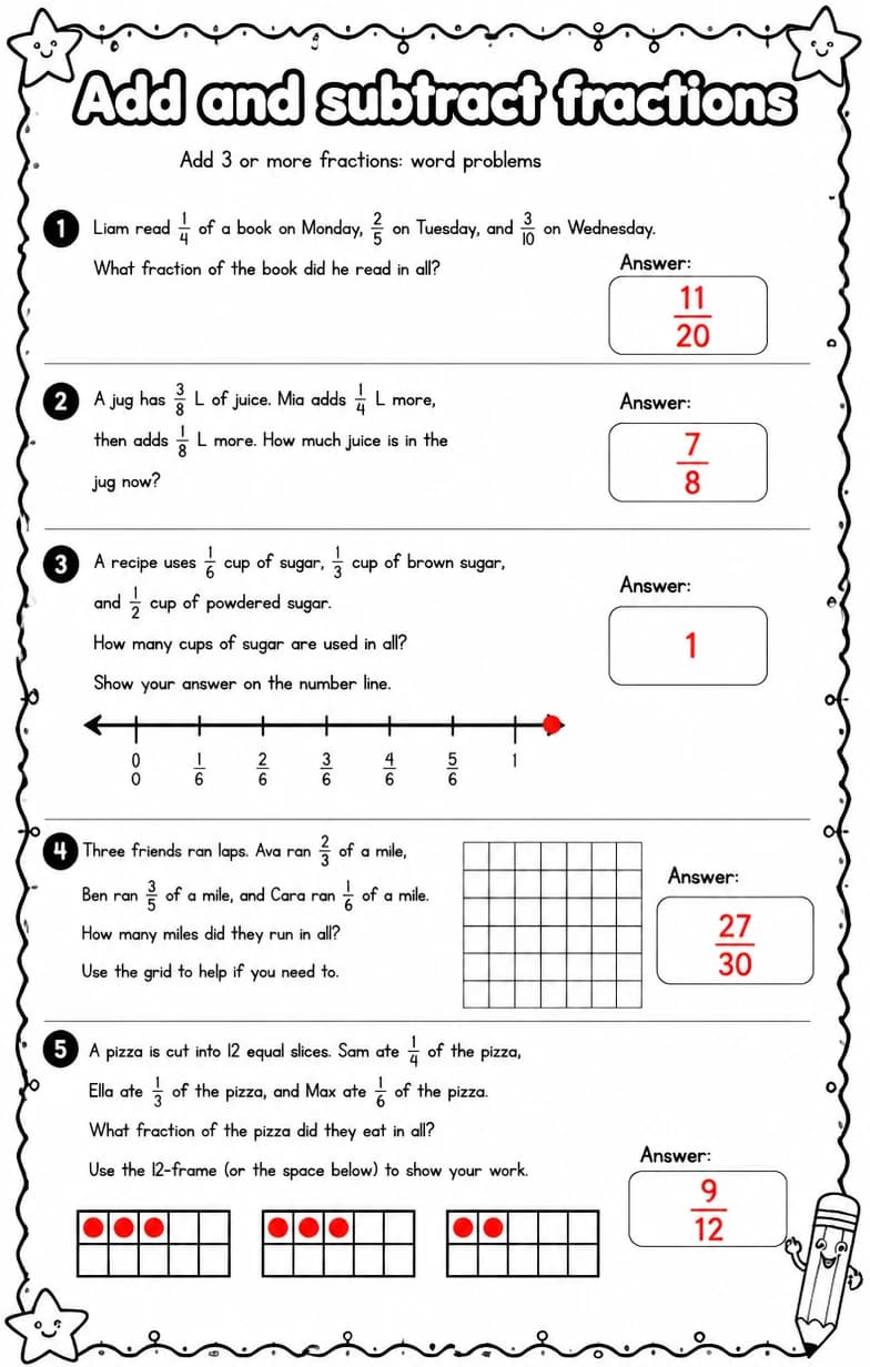 Answer key for Add 3 or more fractions: word problems — free printable Math worksheet
