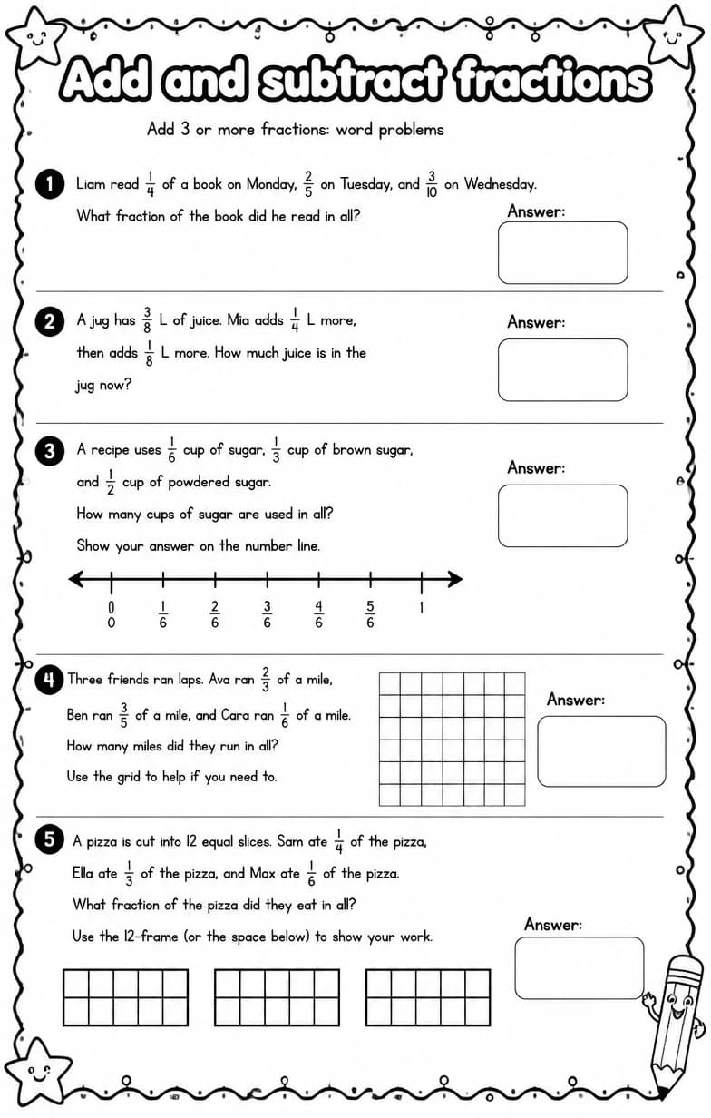 Add 3 or more fractions: word problems — free printable Grade 5 Math worksheet