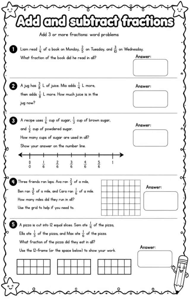 Add 3 or more fractions: word problems