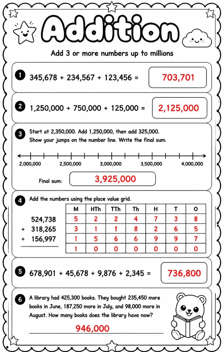 Answer key for Add 3 or more numbers up to millions — free printable Math worksheet