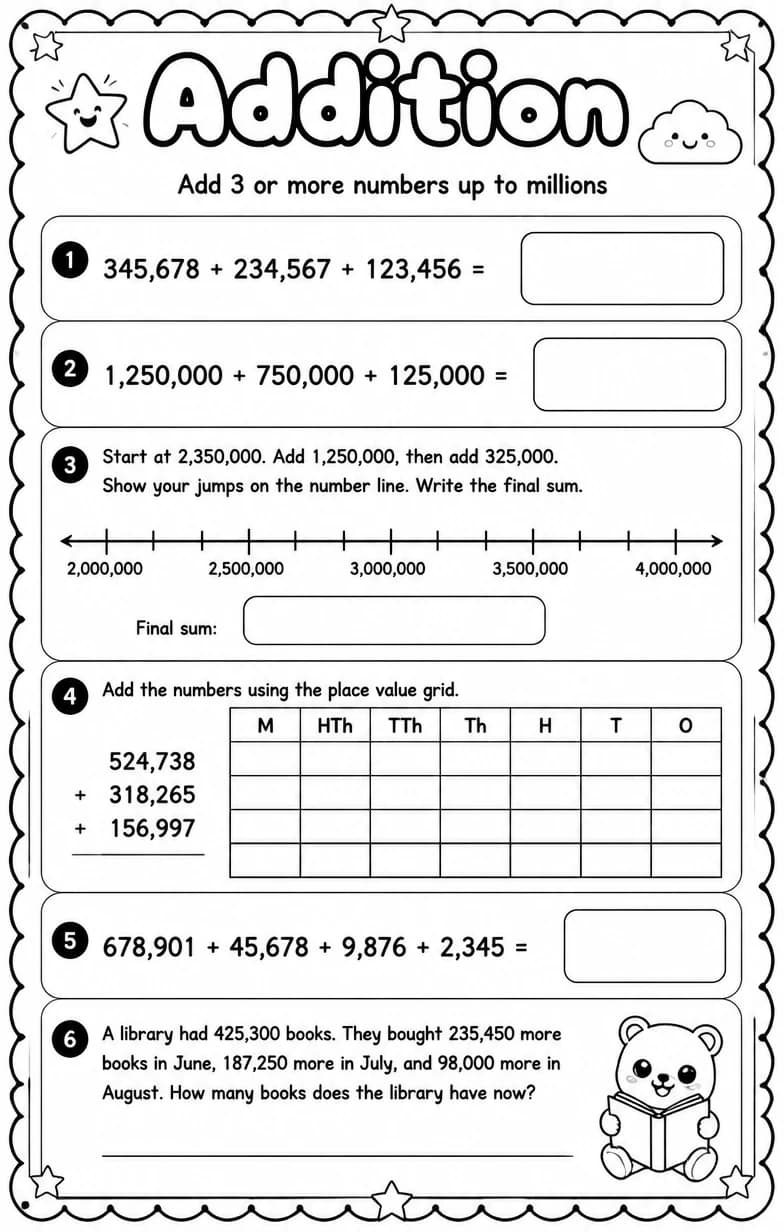 Add 3 or more numbers up to millions — free printable Grade 4 math worksheet