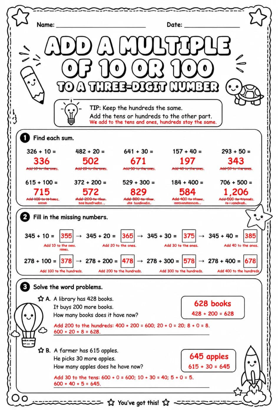 Answer key for Add a multiple of 10 or 100 to a three-digit number — free printable Math worksheet