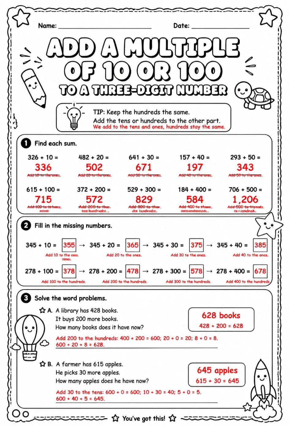 Answer key for Add a multiple of 10 or 100 to a three-digit number — free printable Math worksheet