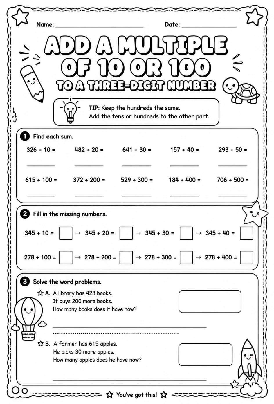 Add a multiple of 10 or 100 to a three-digit number — free printable Grade 2 math worksheet